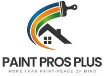 Logo for Paint Pros Plus: Paintbrush arc over a house; orange, green, and blue colors.