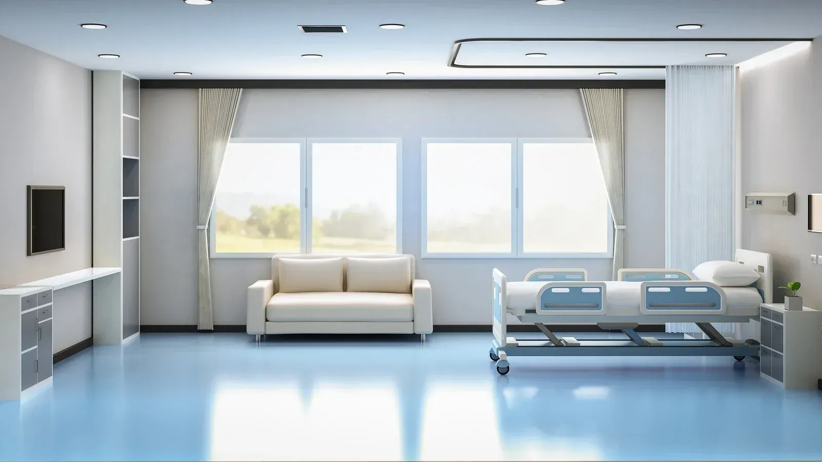 Bright hospital room with a bed, sofa, large windows, and medical equipment.