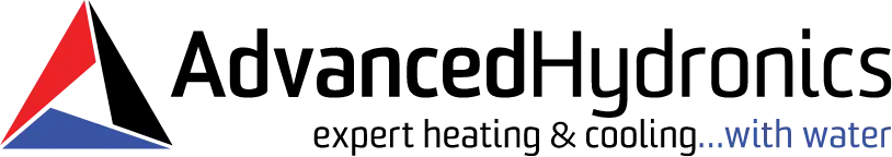 Logo: Advanced Hydronics, expert heating & cooling with water, with a triangle in red, black, and blue.