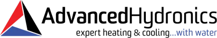 Logo: Advanced Hydronics, expert heating & cooling with water, with a triangle in red, black, and blue.