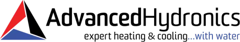 Logo: Advanced Hydronics, expert heating & cooling with water, with a triangle in red, black, and blue.