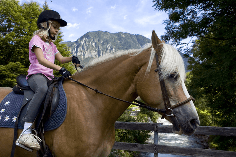 Ein kleines Mädchen reitet auf dem Rücken eines braunen Pferdes.