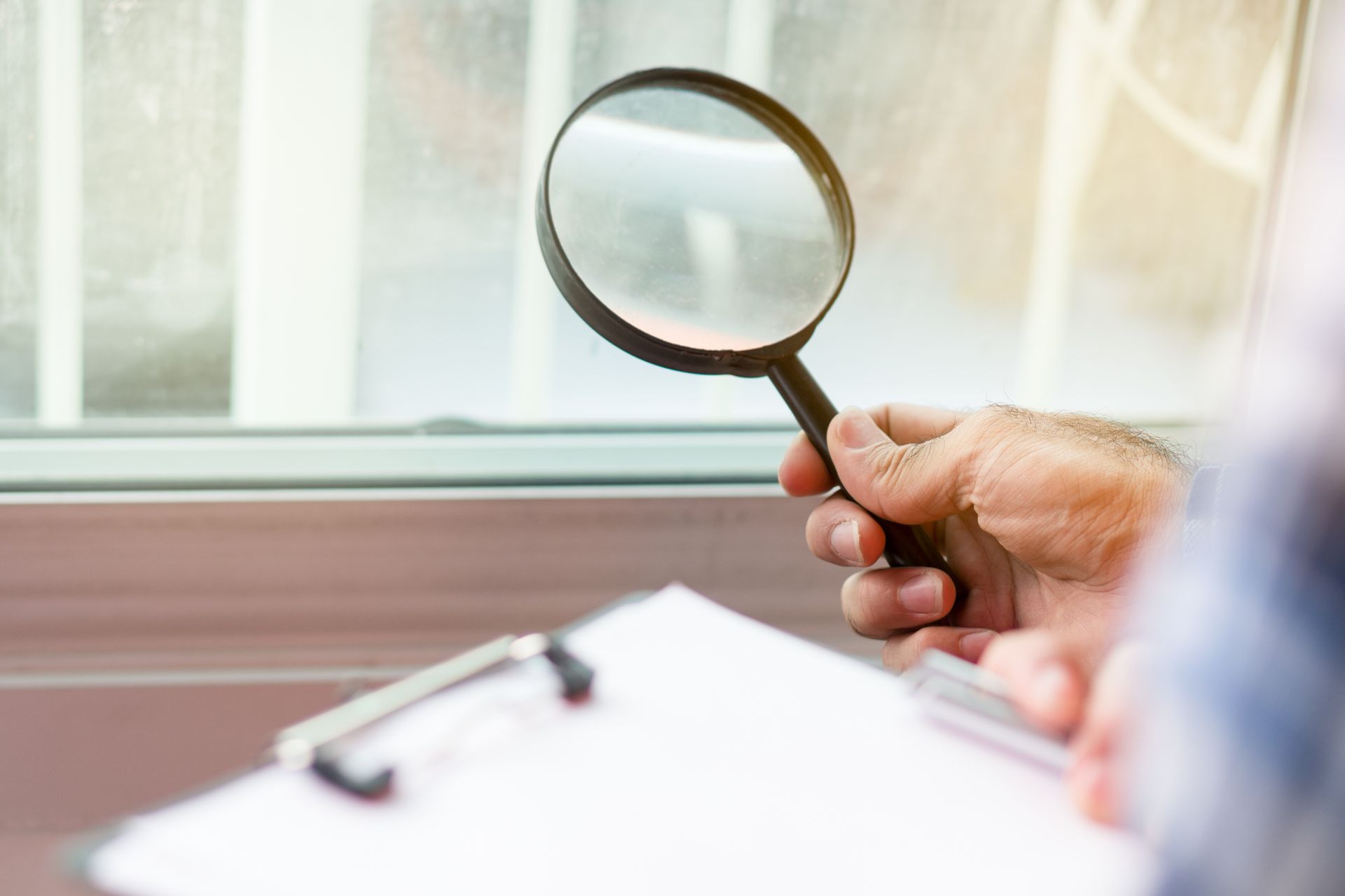 A person is holding a magnifying glass over a clipboard.