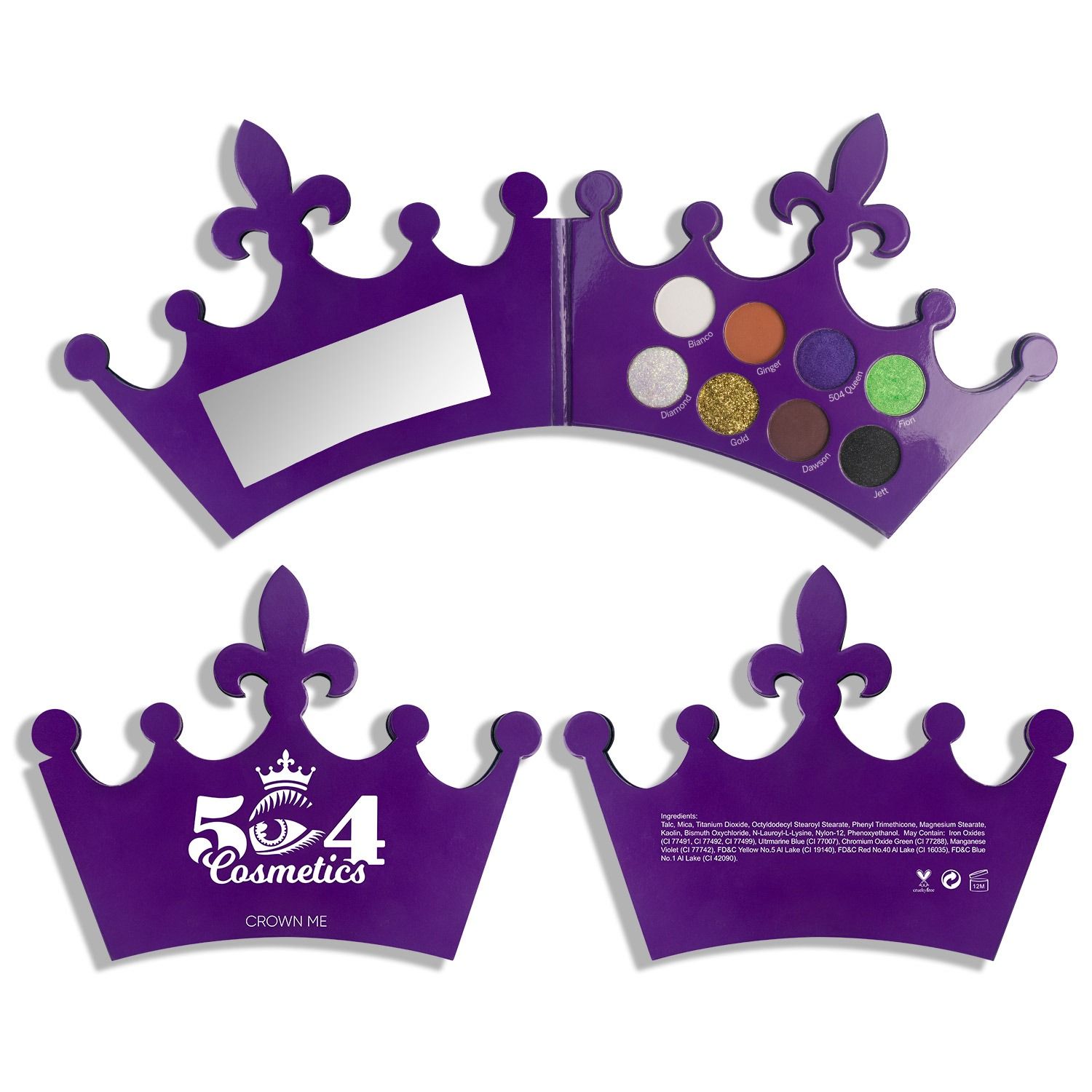 The front and back of a purple crown shaped makeup palette.