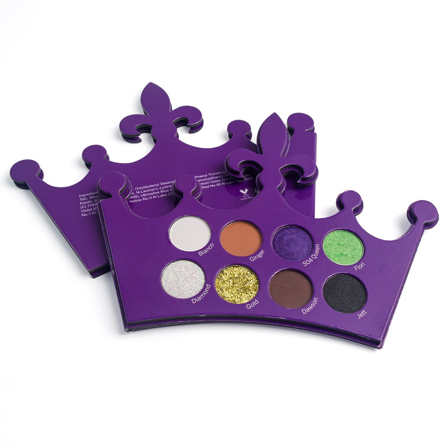 A purple crown with a palette of eye shadows in it