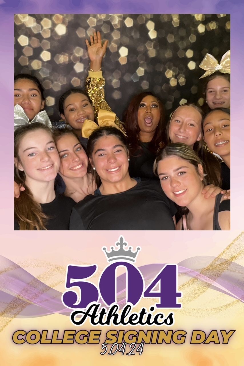 A group of girls are posing for a picture in a photo booth for 504 athletics college signing day.