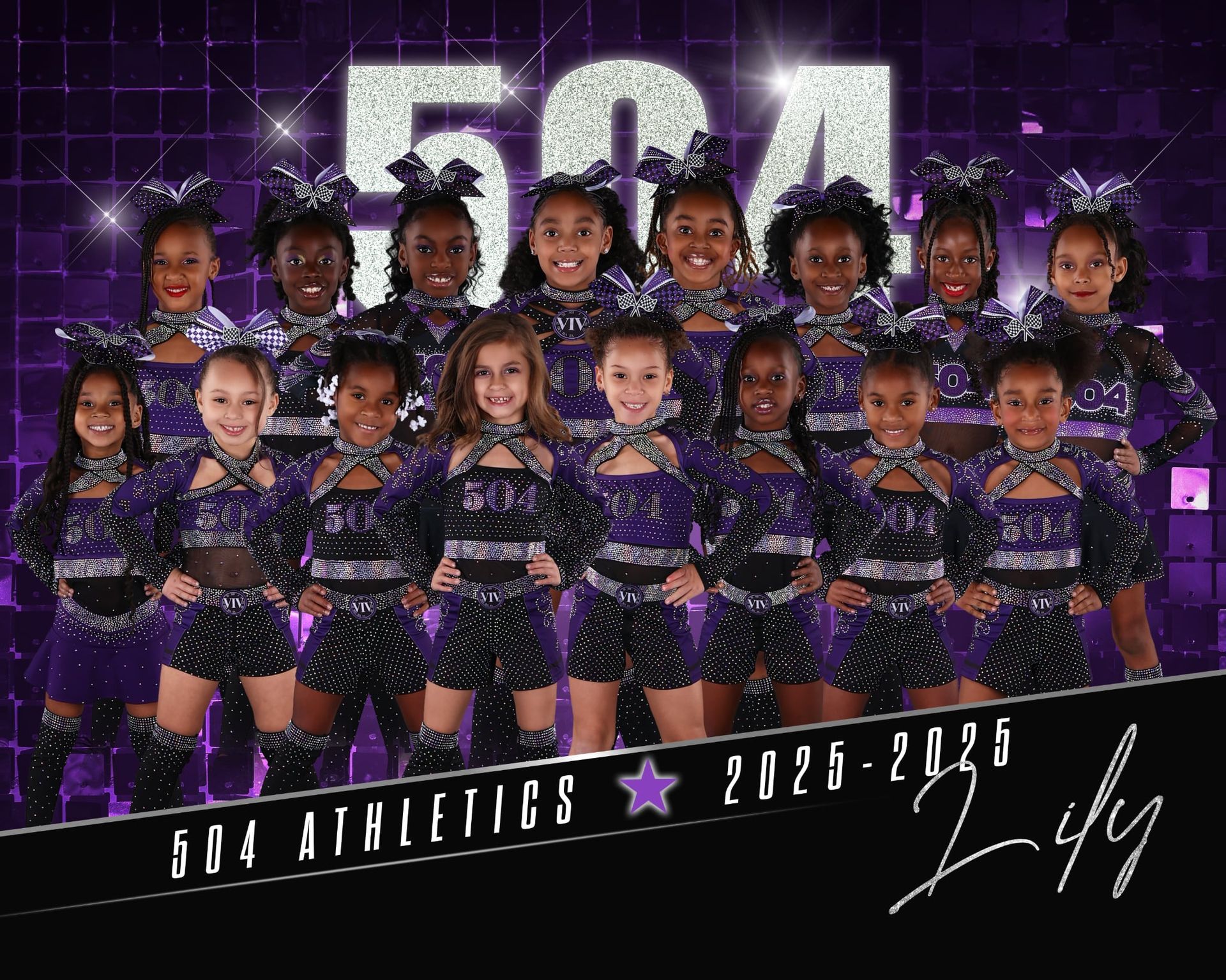 A group of cheerleaders are posing for a picture.