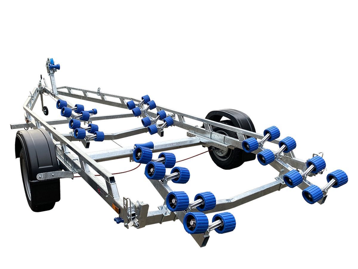 a boat trailer with blue rollers on a white background .