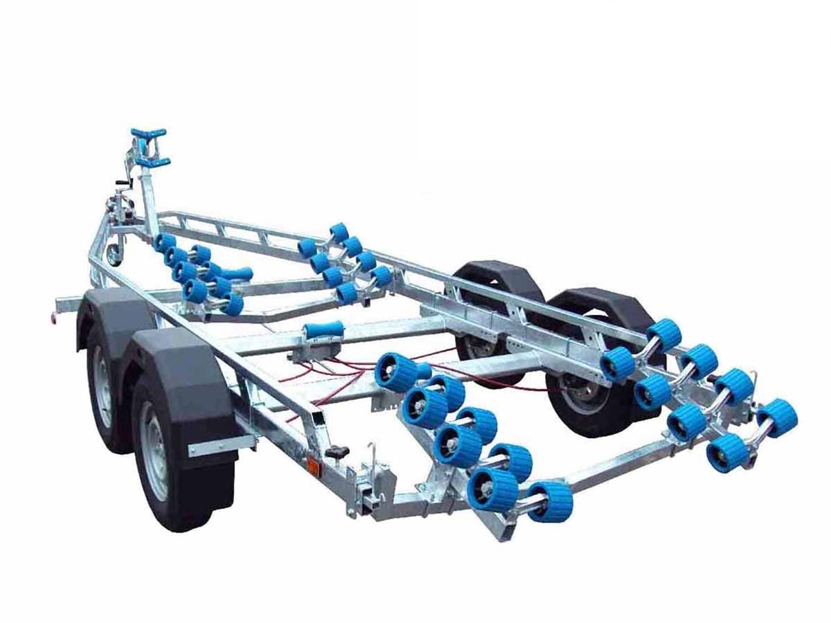 a boat trailer with blue rollers on a white background .