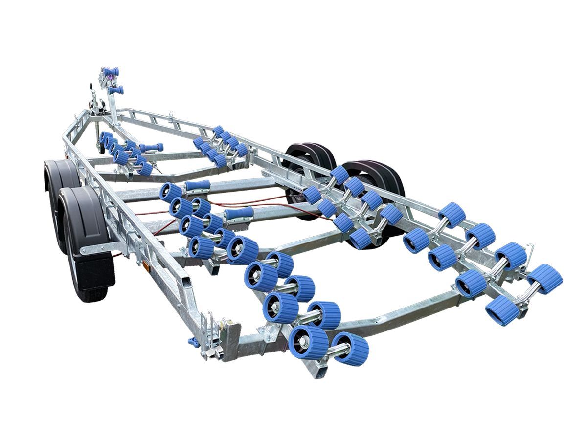 a boat trailer with blue wheels on a white background .