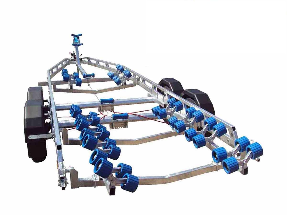 a boat trailer with blue rollers on a white background .