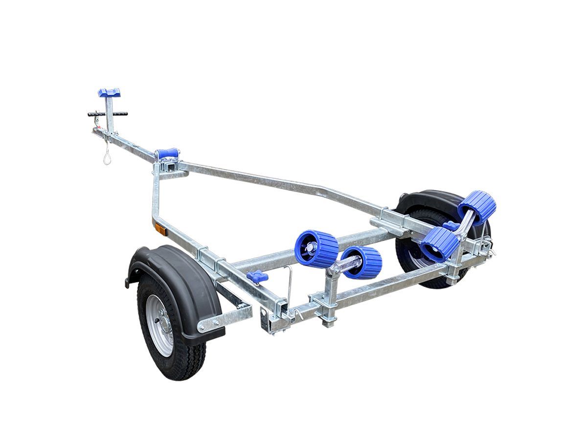 a boat trailer with blue rollers on a white background .