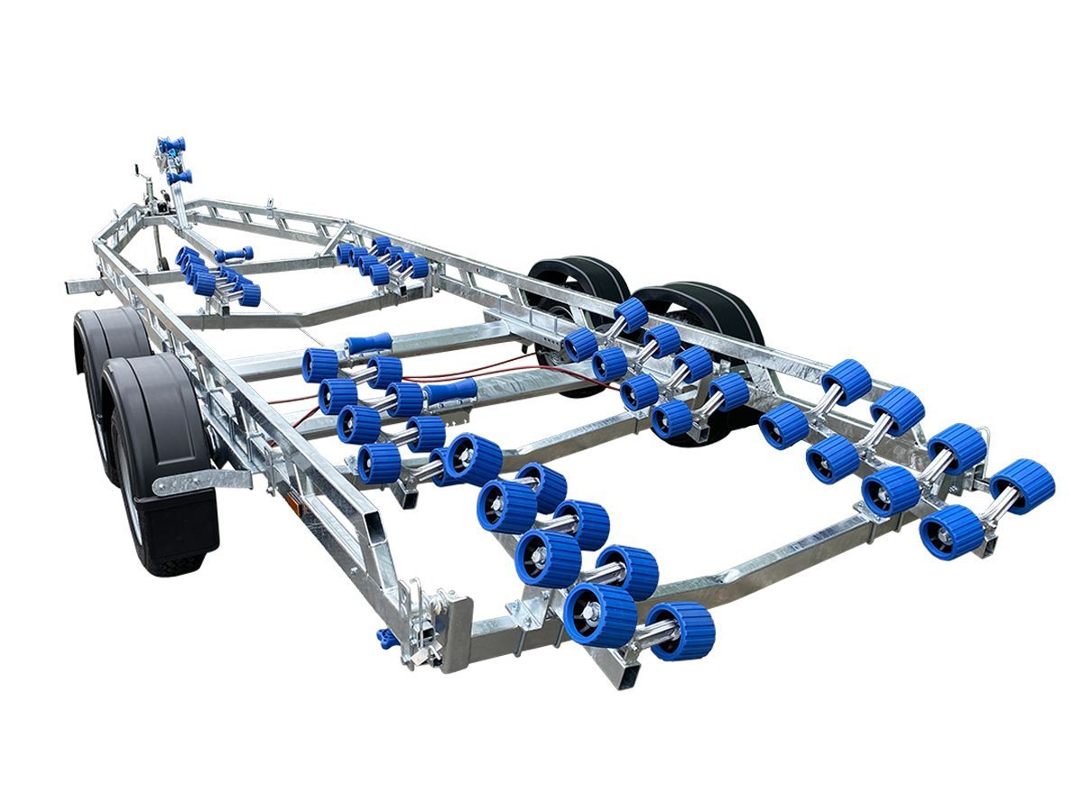 a boat trailer with blue wheels on a white background .