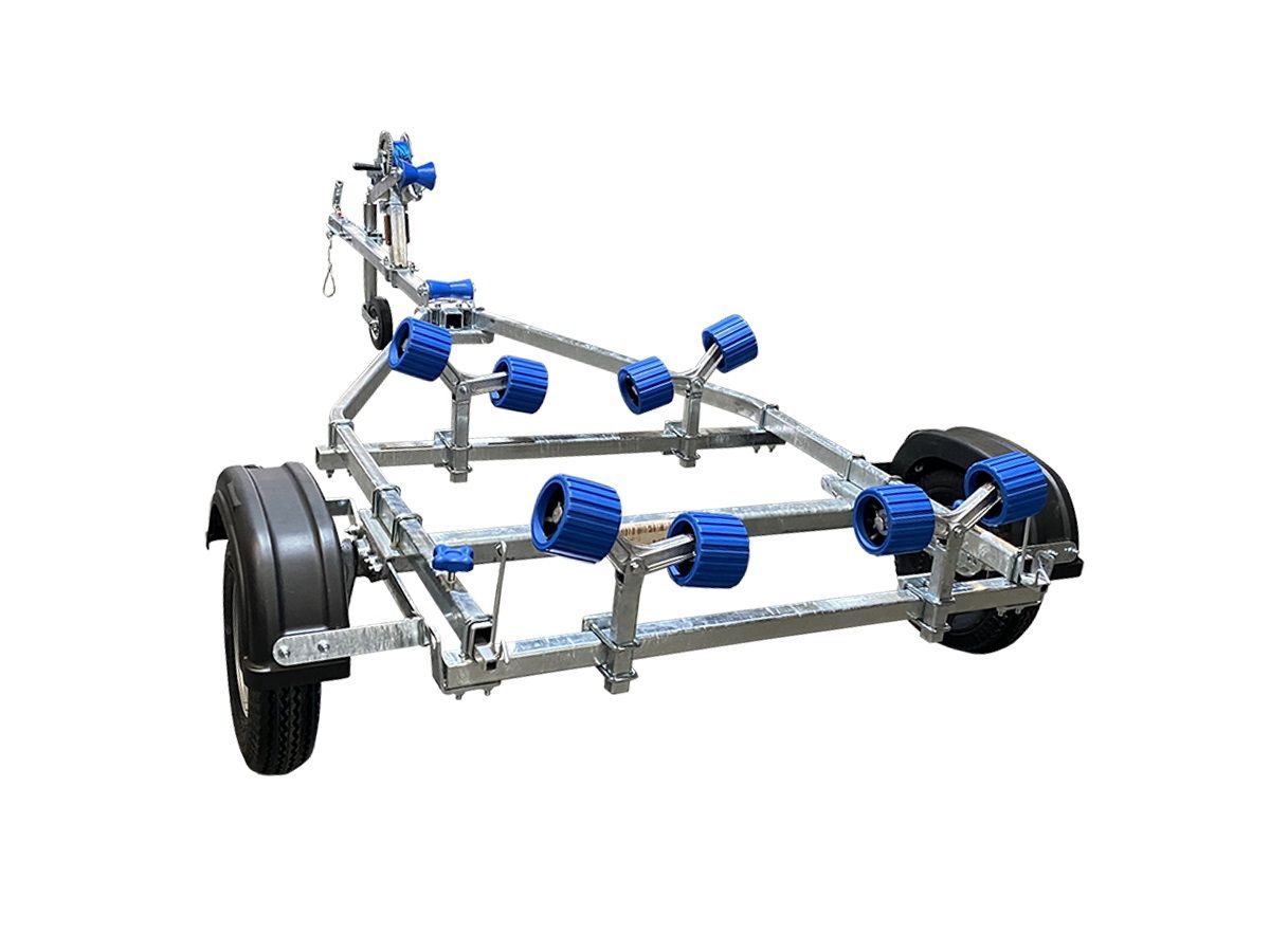 a boat trailer with blue rollers on a white background .