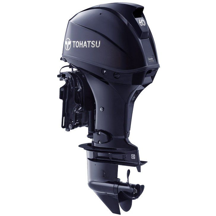 a black tohatsu outboard motor on a white background