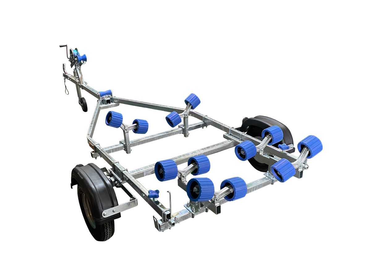 a boat trailer with blue wheels on a white background .