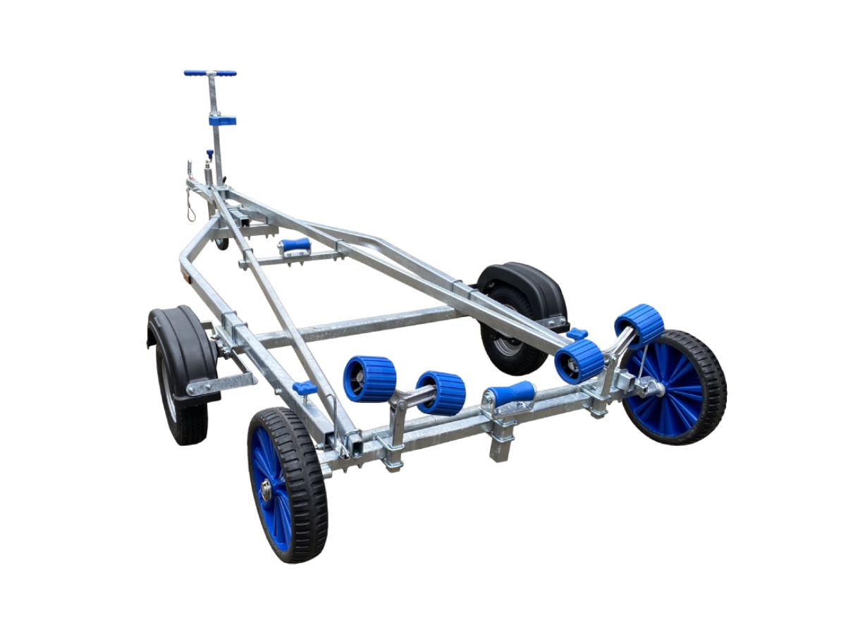 a boat trailer with blue wheels on a white background .
