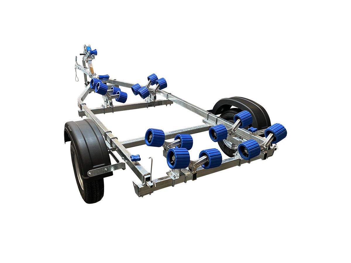 a boat trailer with blue rollers on a white background .