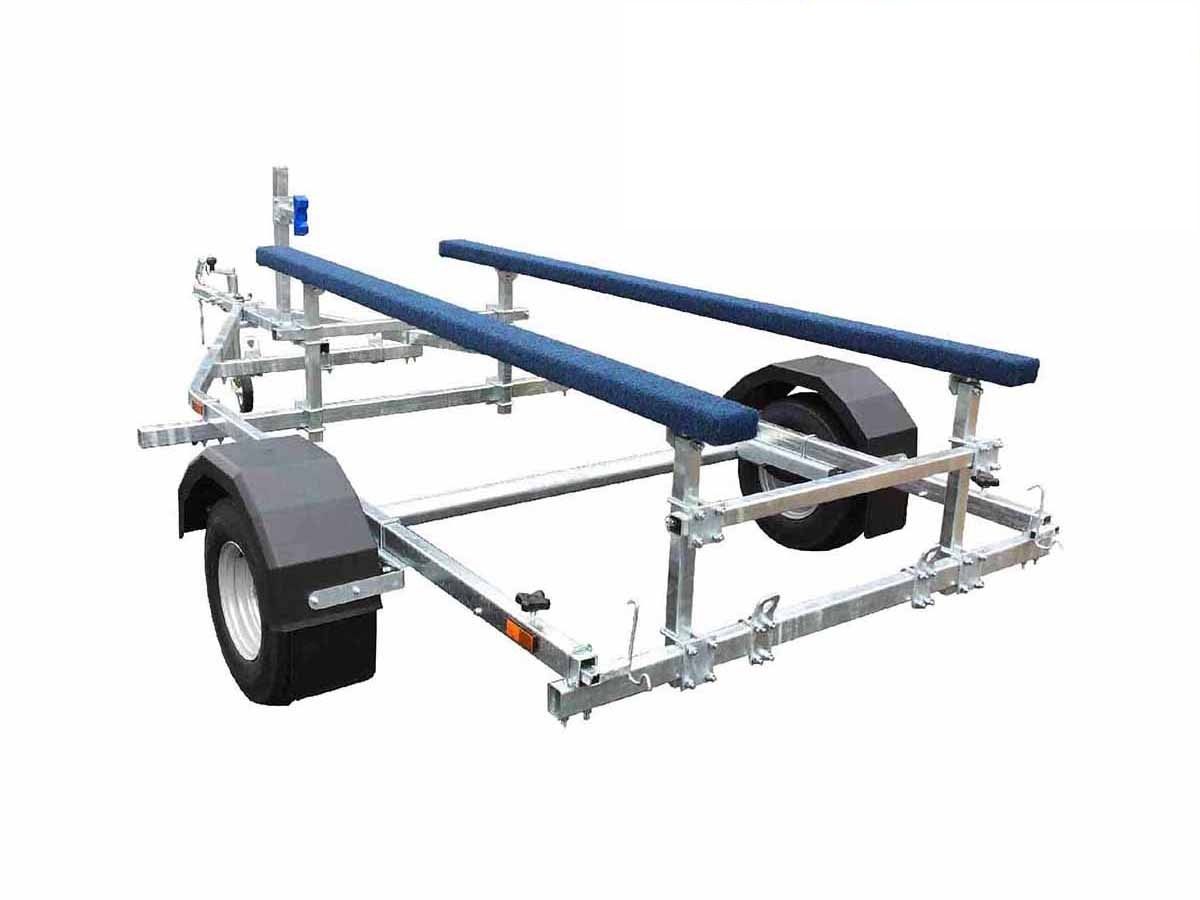 a boat trailer with two blue rails on a white background .