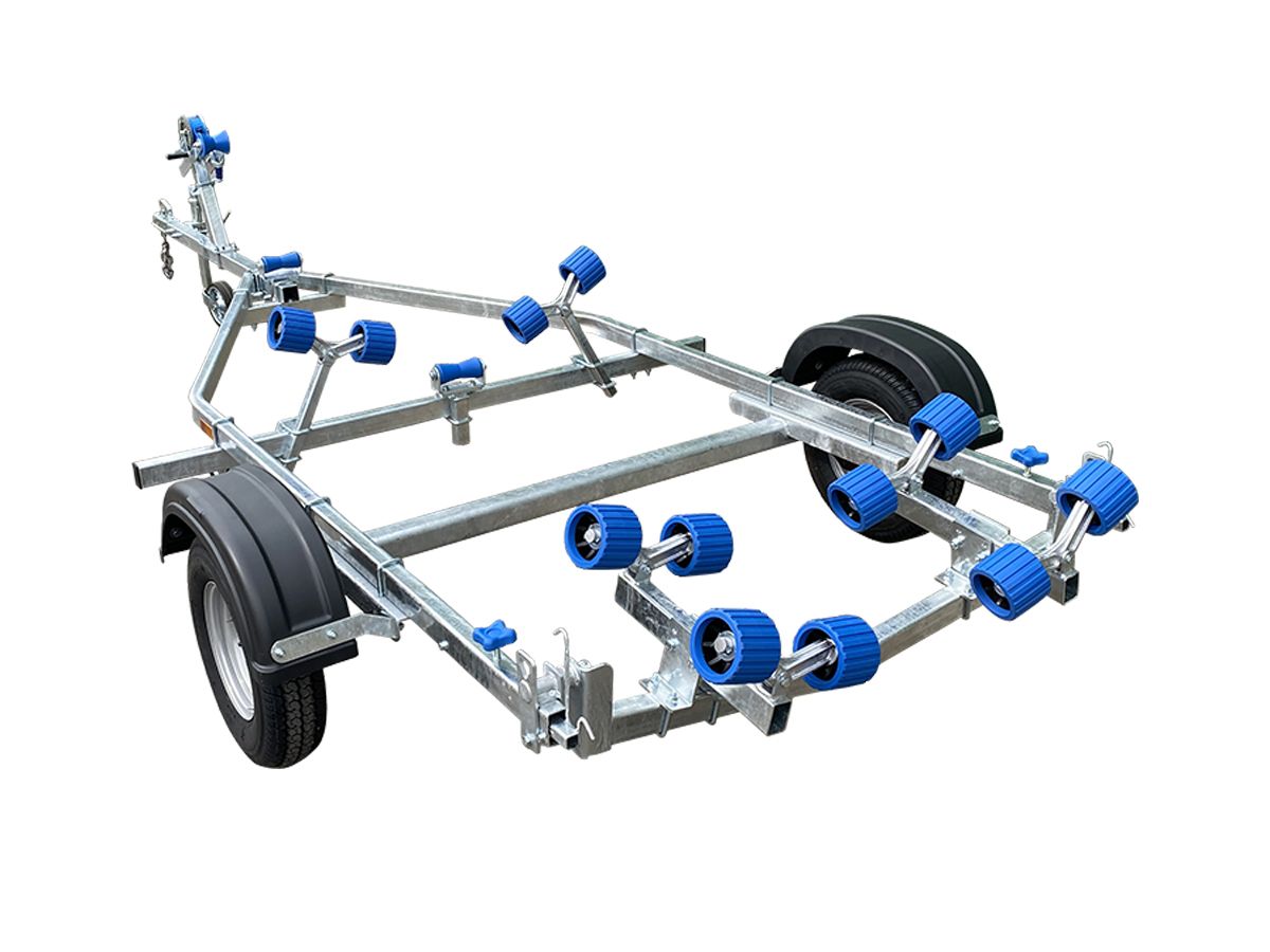 a boat trailer with blue wheels on a white background .