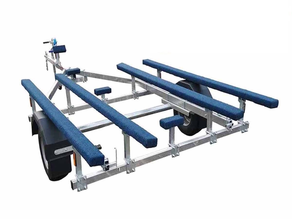 a boat trailer with blue seats on a white background .