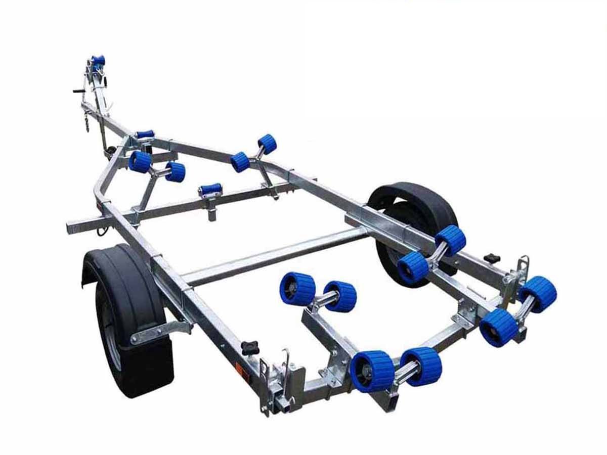 a boat trailer with blue wheels on a white background .