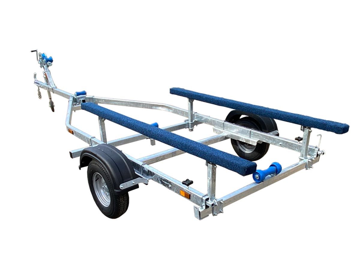 a boat trailer with blue rails on a white background .
