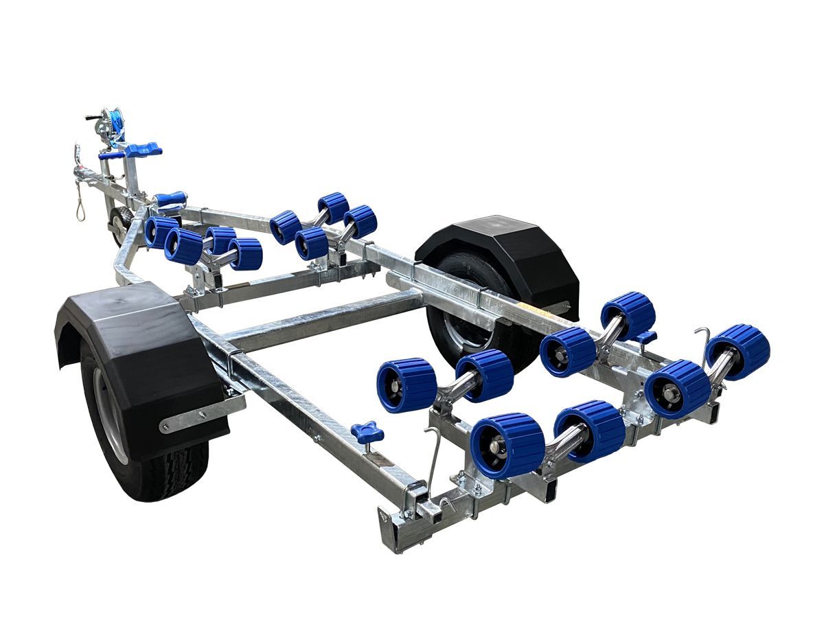 a boat trailer with blue wheels on a white background .
