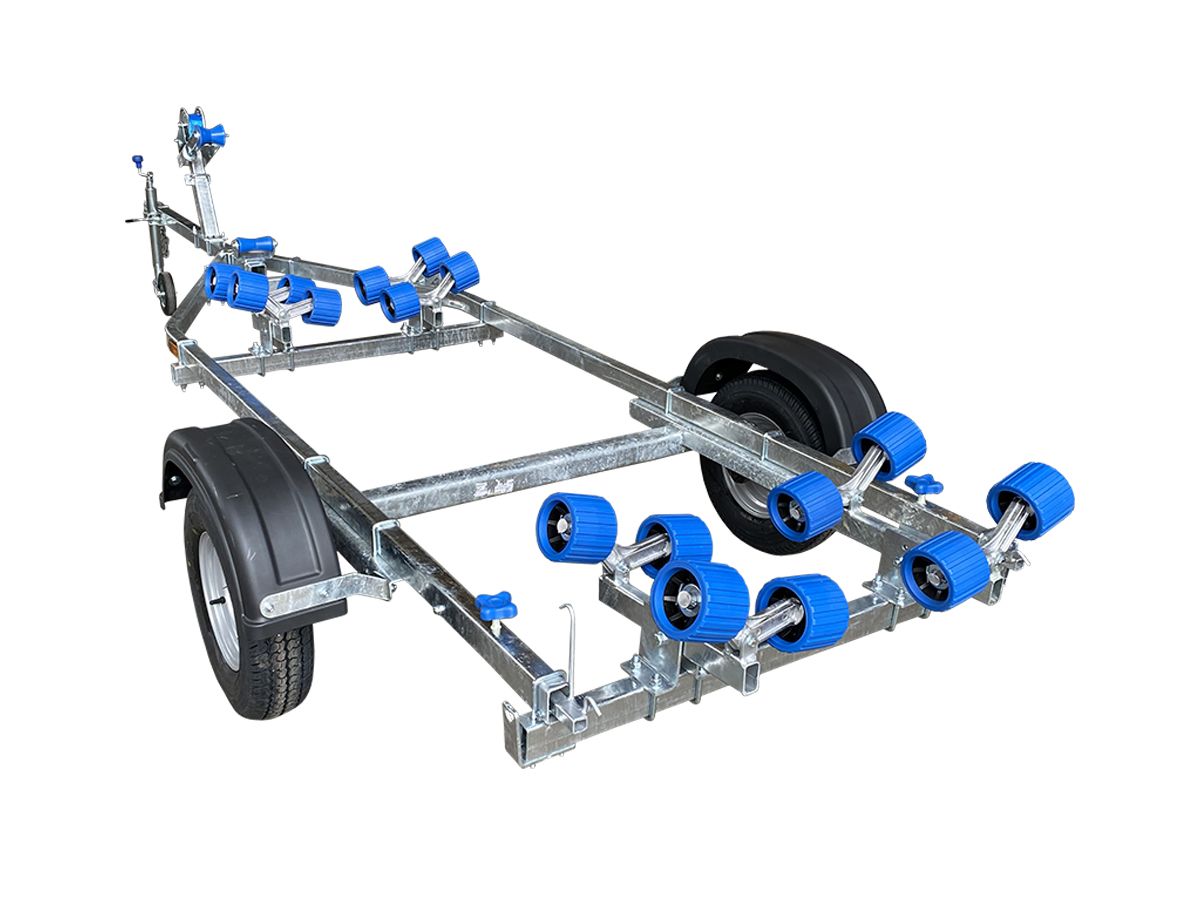 a boat trailer with blue wheels on a white background .