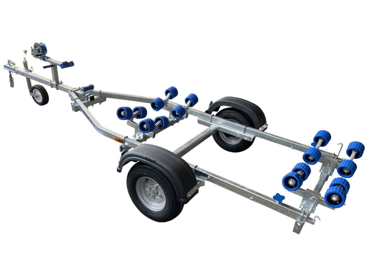 a boat trailer with blue wheels on a white background