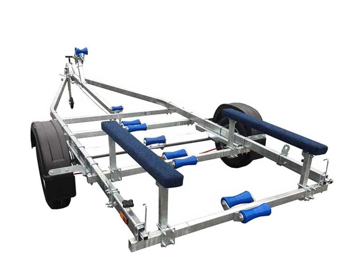a boat trailer with blue handles on a white background .
