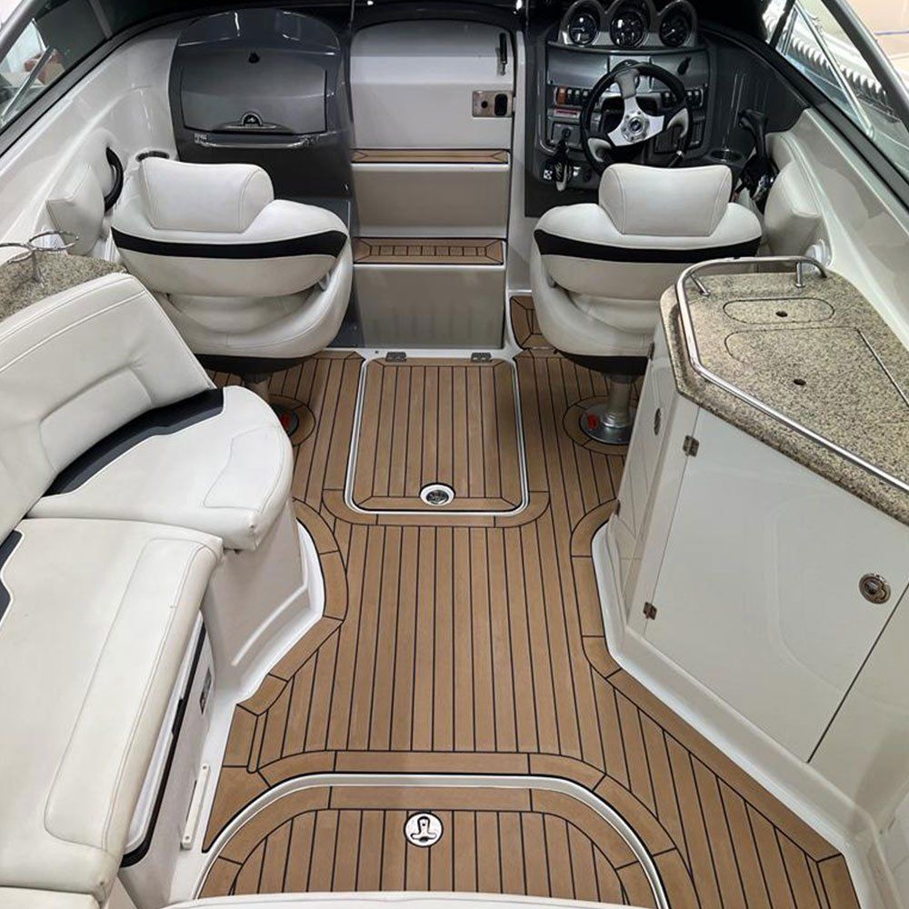 the inside of a boat with a wooden floor