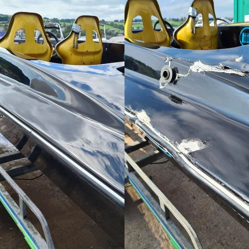 a before and after photo of a boat with yellow seats
