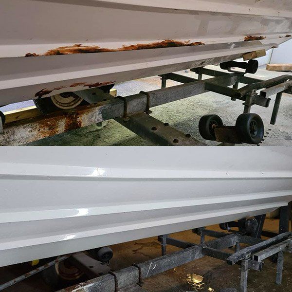 a before and after picture of a boat on a trailer .
