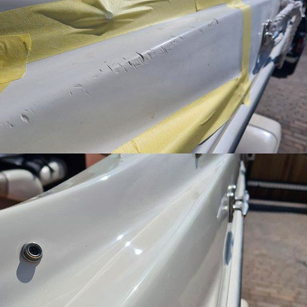 a before and after picture of a white boat