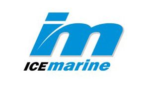 a blue and white logo for icemarine on a white background