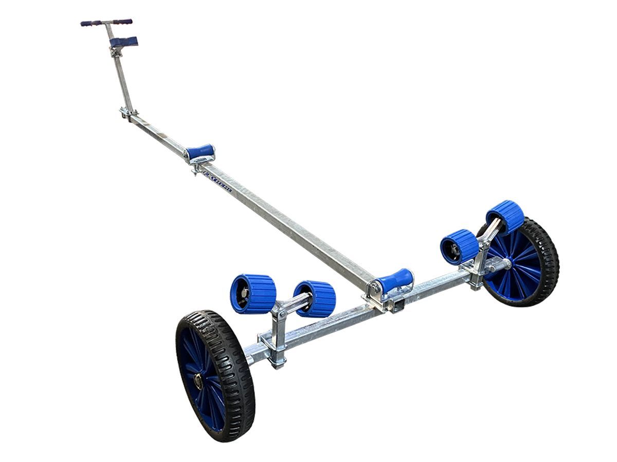 a boat trailer with blue wheels on a white background .