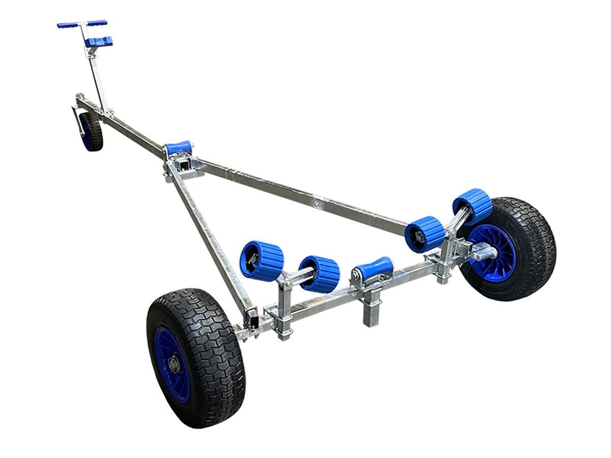 a boat trailer with blue wheels on a white background .