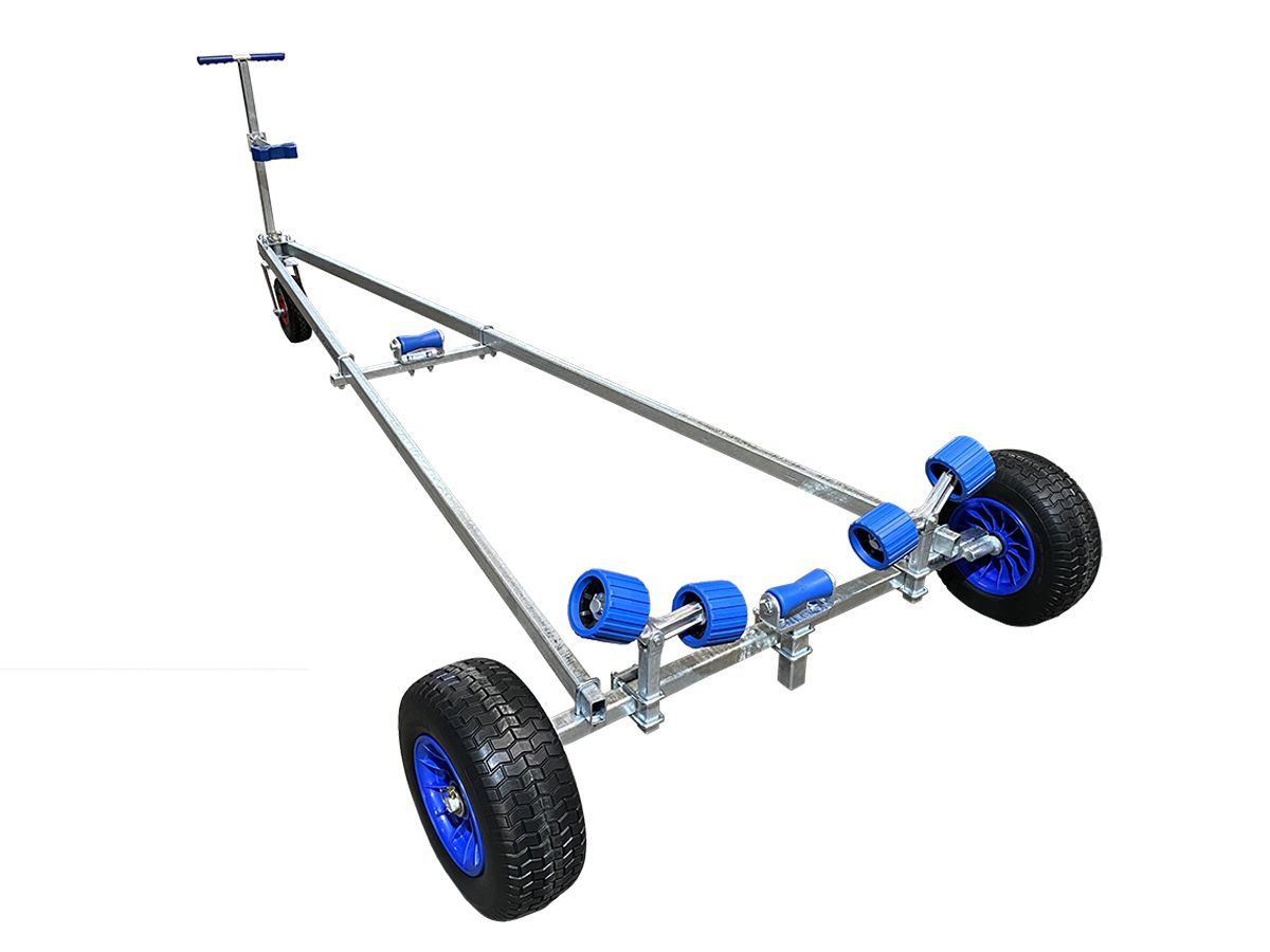 a boat trailer with blue wheels on a white background .