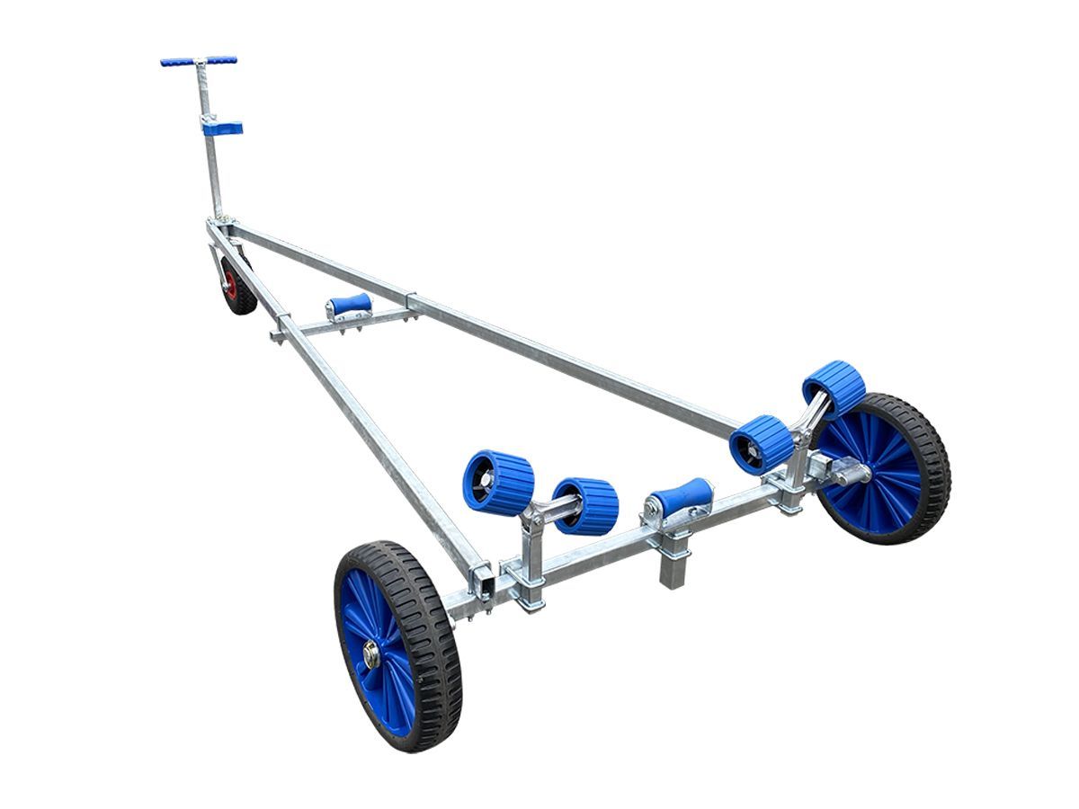 a boat trailer with blue wheels on a white background .