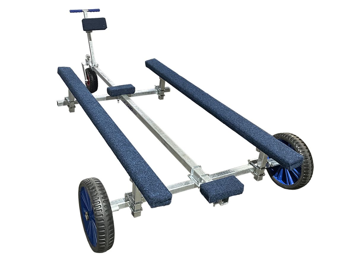 a boat trailer with blue wheels on a white background .