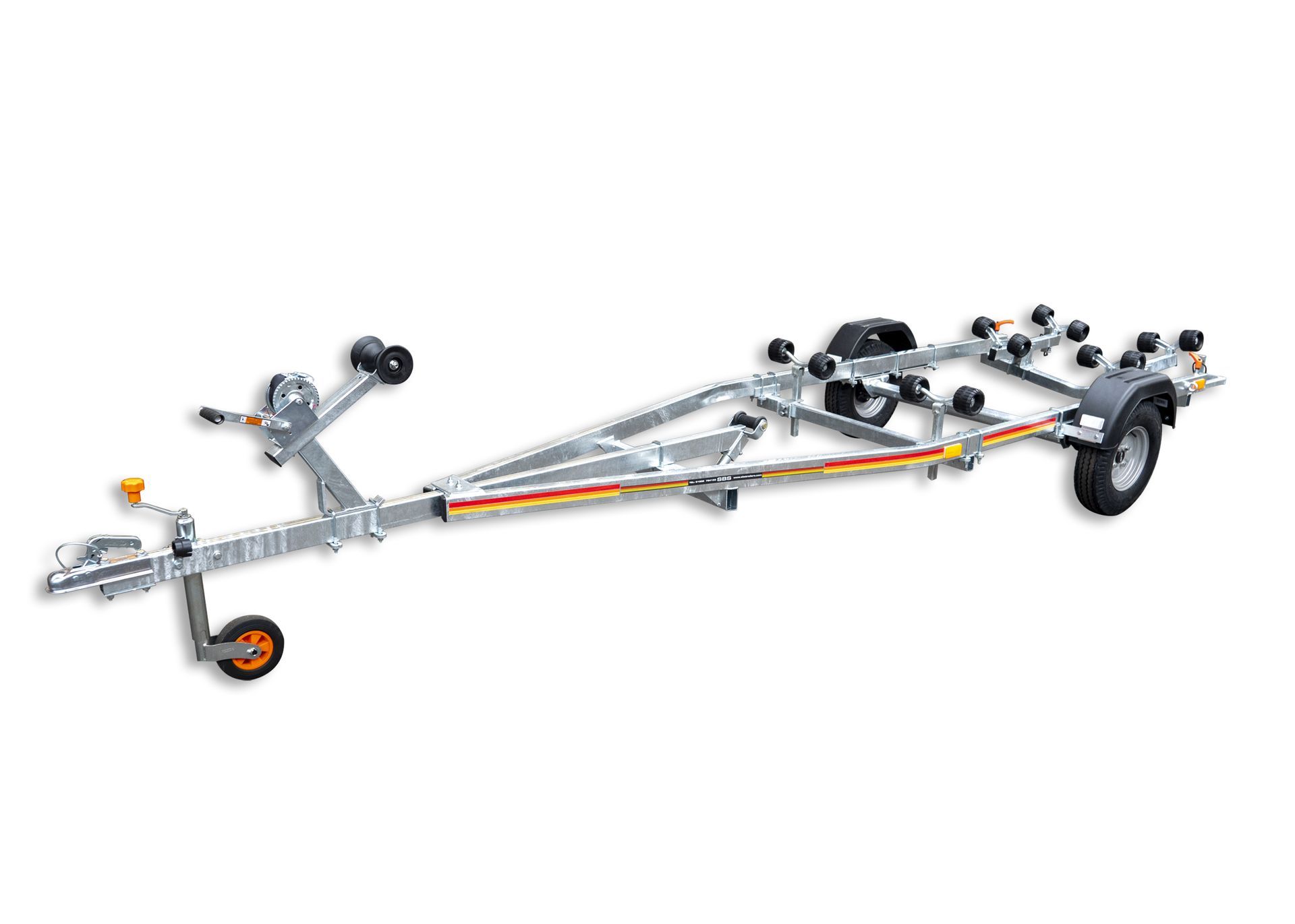 a boat trailer with wheels on a white background .