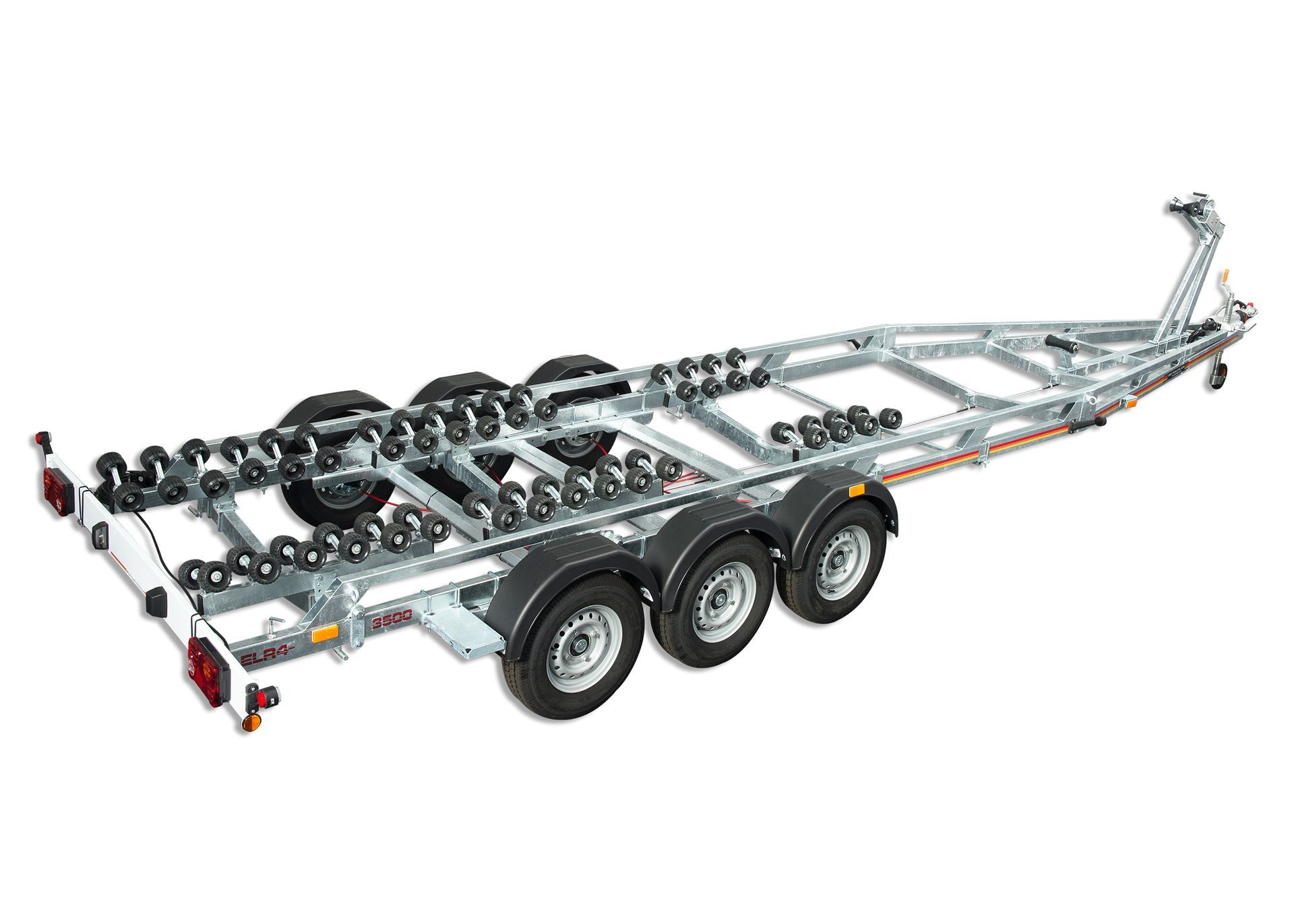 a boat trailer with three wheels on a white background .