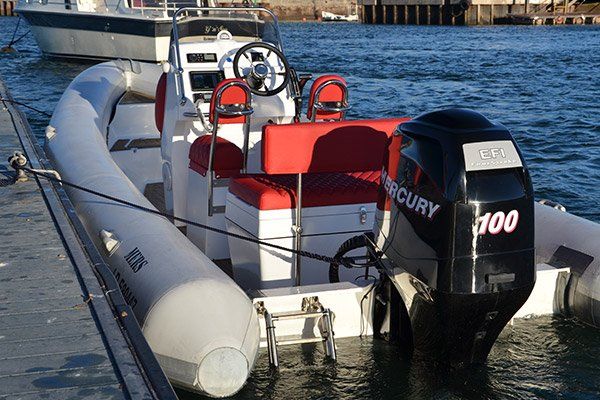 a boat with a mercury motor attached to it