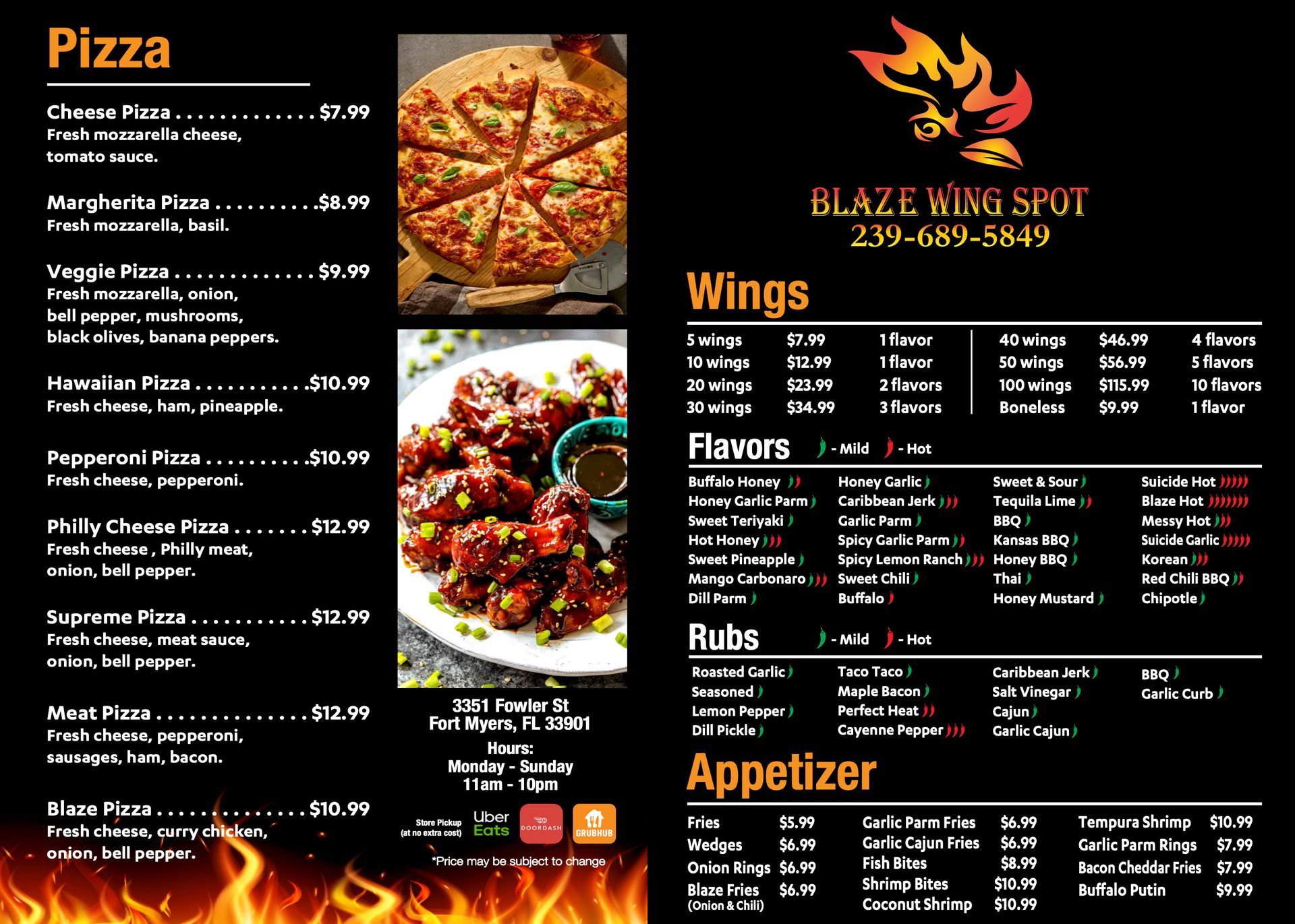 Menu for Blaze Wing Spot in Fort Myers, listing pizza, wing, flavor, and rub options on a black background with flame motifs.