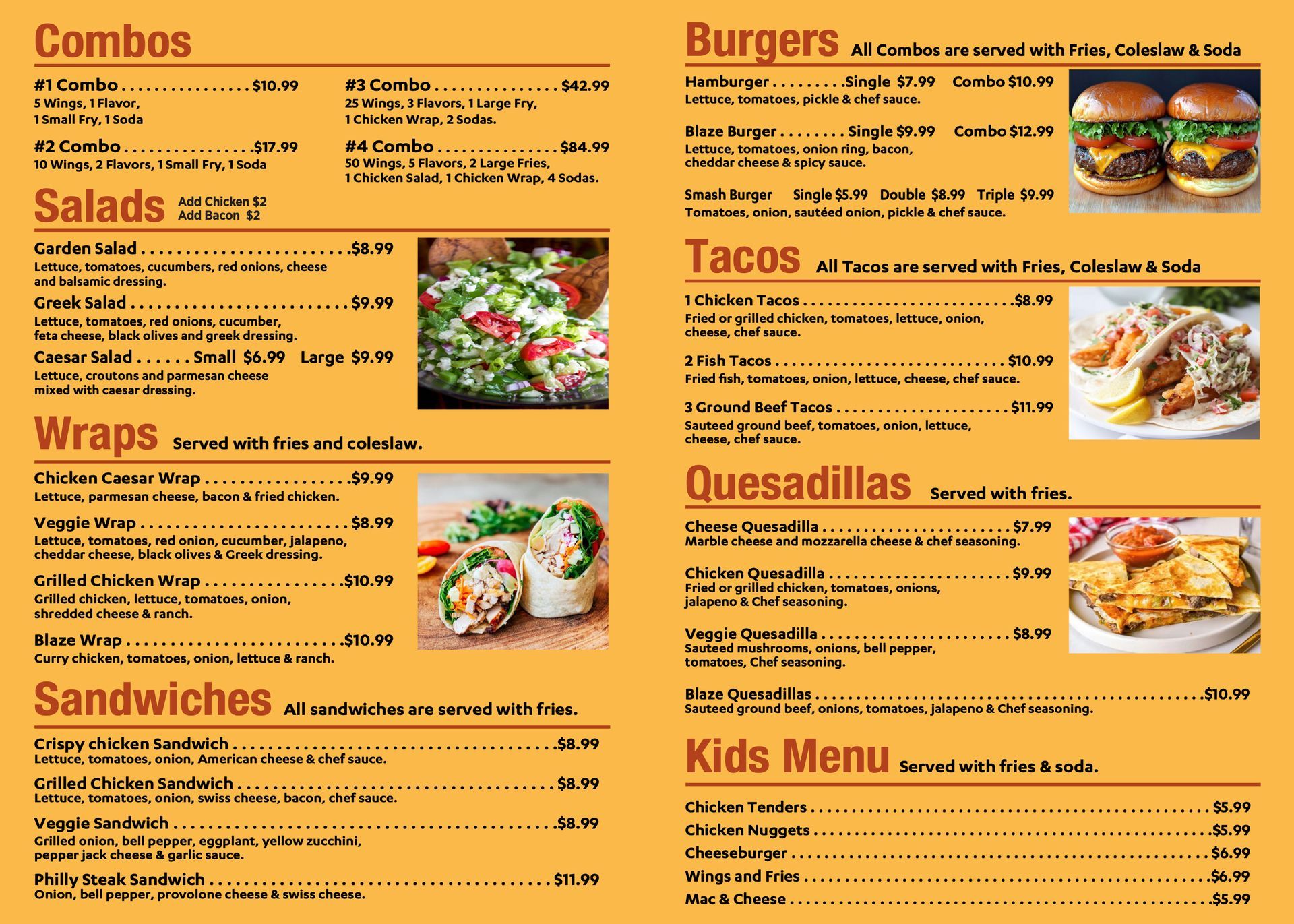 A yellow restaurant menu featuring categories like burgers, tacos, and salads with pricing and item descriptions.