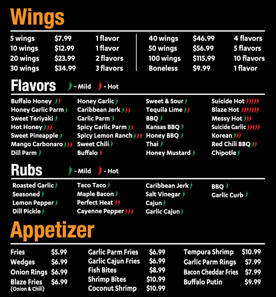 Menu listing prices for wing quantities, followed by a categorized list of flavor and dry rub options with heat levels.