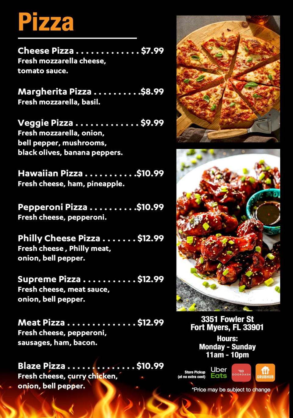 A pizza restaurant menu list featuring prices and descriptions, with images of a sliced pizza and chicken wings.