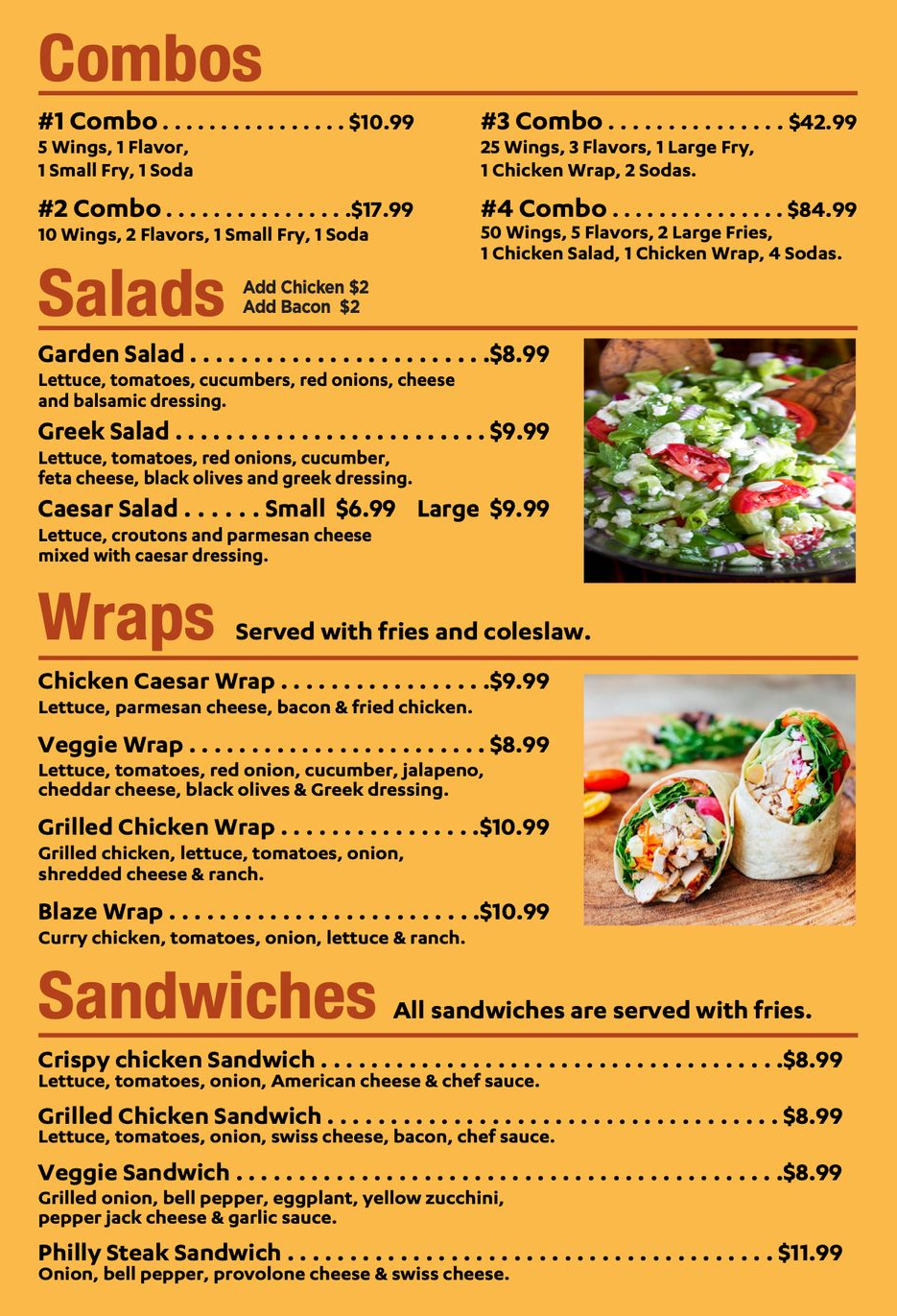 Menu board with four sections: Combos, Salads, Wraps, and Sandwiches, featuring lists of items, prices, and food photos.