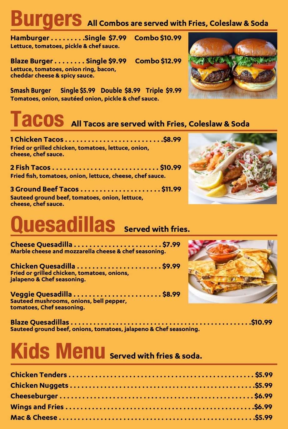 A menu with sections for Burgers, Tacos, Quesadillas, and Kids items, each listed with prices and food descriptions.